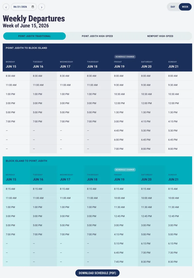 The ferry's schedule page in week view for the week of June 15, 2026. A date picker and Day and Week buttons sit at the top, above tabs for three routes: Point Judith Traditional, which is selected, Point Judith High-Speed, and Newport High-Speed. Two tables, Point Judith to Block Island in dark blue and Block Island to Point Judith in teal, list each day's departures. Friday, June 19, is marked Schedule change in both tables, and from Friday on there are more departures each day.